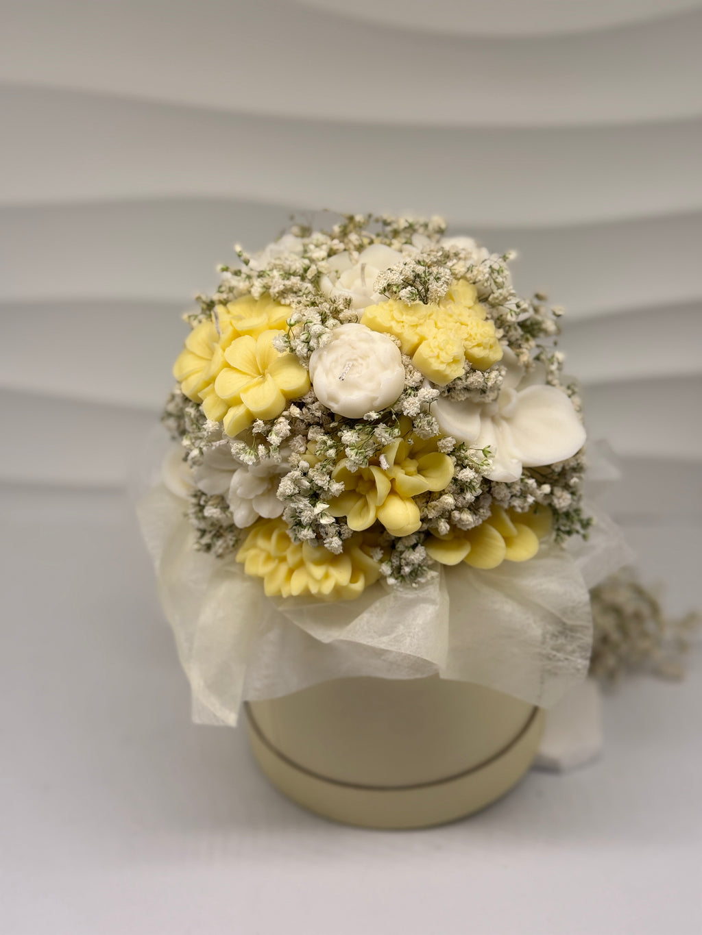 Kerzenblumenstrauß " Lemon " aus Rapswachs, Blumenkerze Gelb Weiß Flowerbox Floma Candle & More