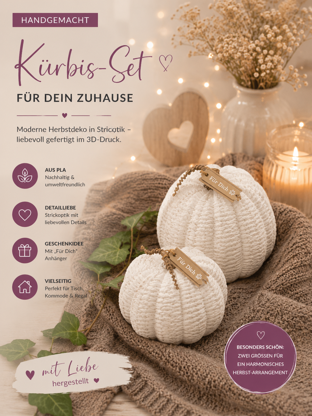 Kürbis Set Stricki 2-teilig 3D Druck | Dekokürbis Strickoptik | Herbstdeko Kürbis | moderne Herbst Deko | Geschenk Für Dich 3D Druck Floma Candle & More