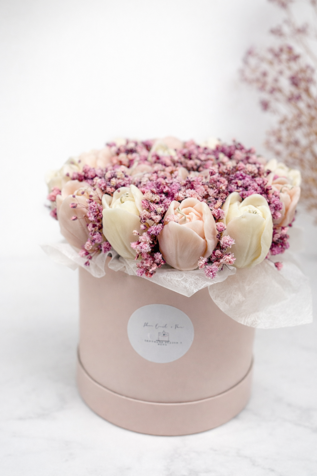Kerzenblumenstrauss Tulpe Rosa Flowerbox Floma Candle & More