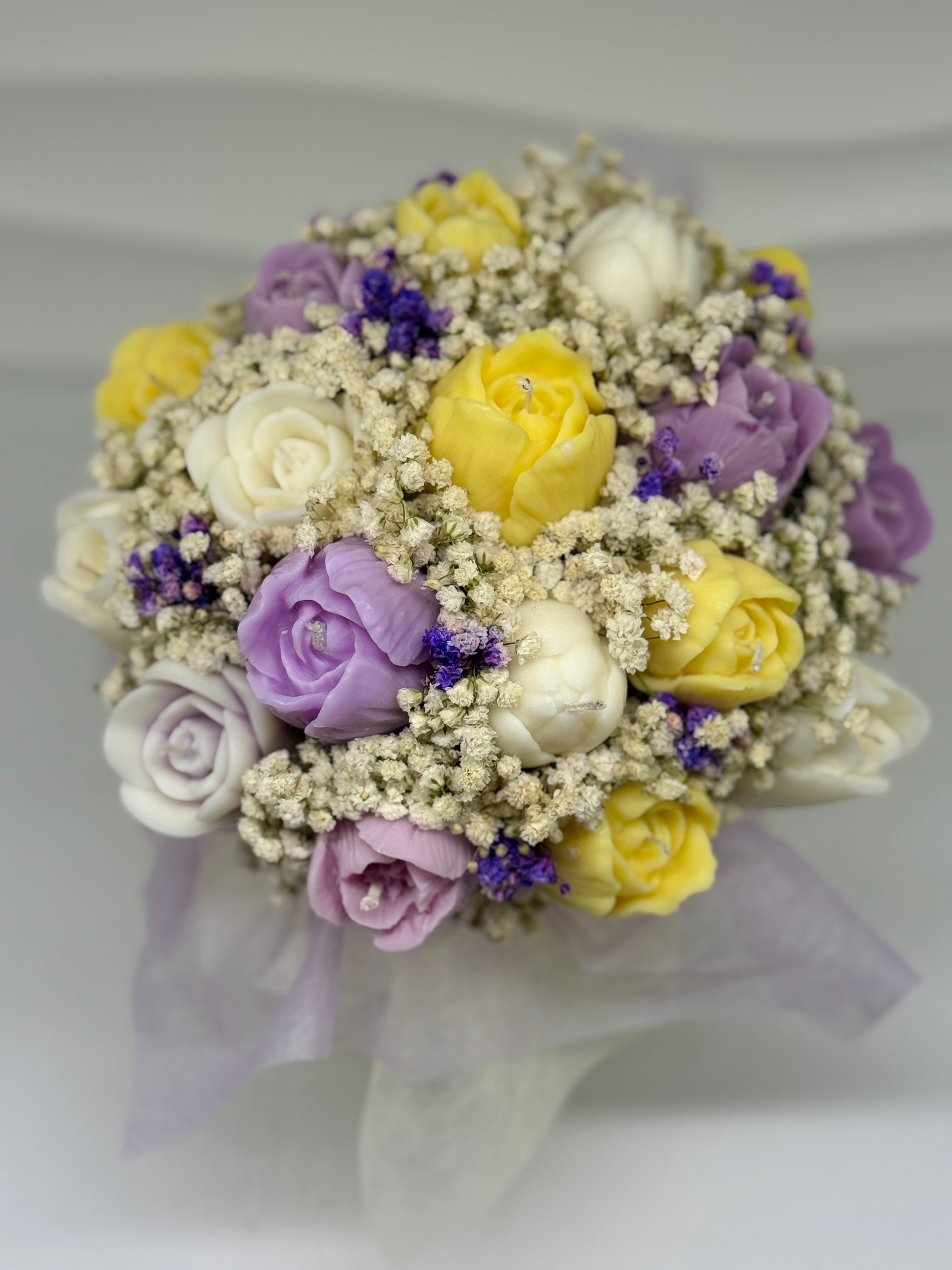 Kerzenblumenstrauß " Spring Tulpe" gelb / weiss / lavendel Flowerbox Floma Candle & More