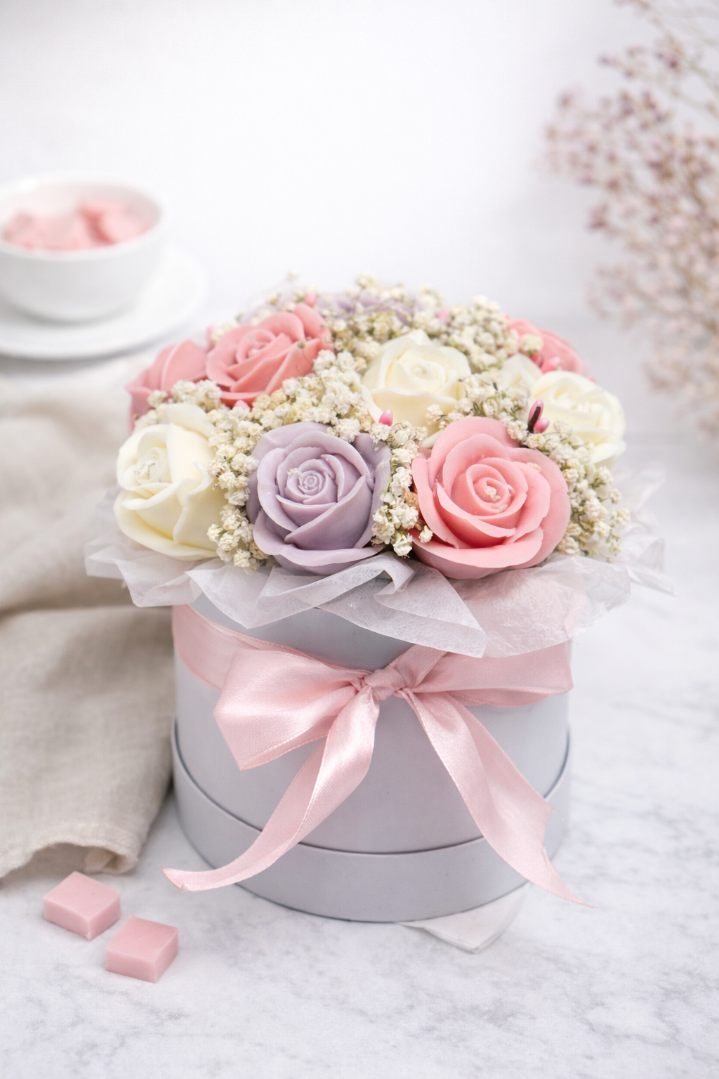 Poesie | Kerzenblumenstrauß aus Rosen in Pastell Flowerbox Floma Candle & More