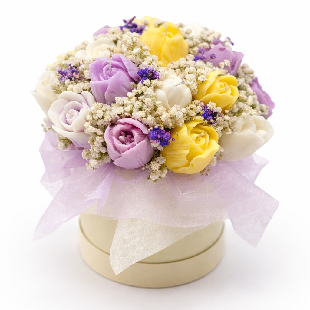Kerzenblumenstrauß " Spring Tulpe" gelb / weiss / lavendel Flowerbox Floma Candle & More