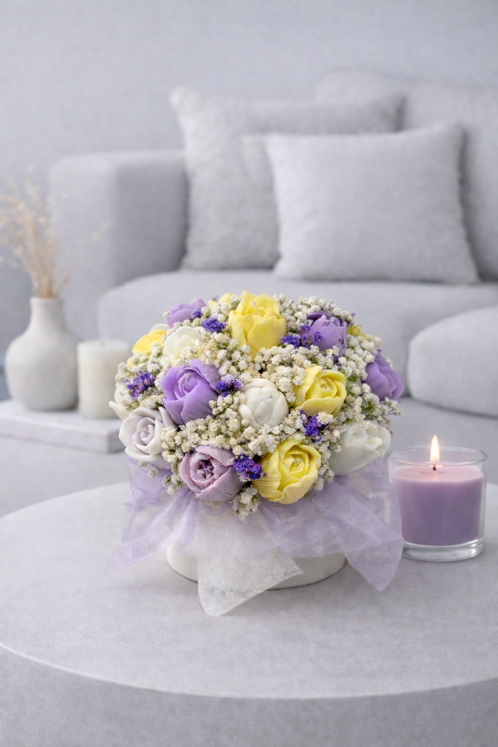 Kerzenblumenstrauß " Spring Tulpe" gelb / weiss / lavendel Flowerbox Floma Candle & More