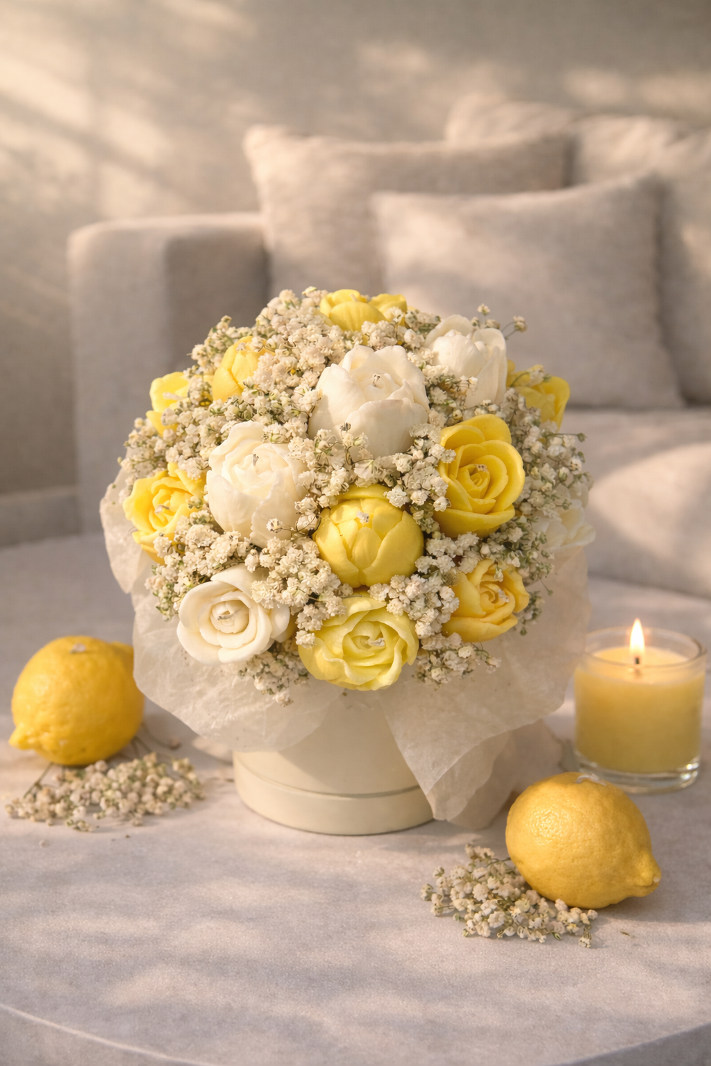 Handgefertigter Kerzenblumenstrauß Tulpe aus Rapswachs in Gelb & Weiß. Flowerbox Floma Candle & More