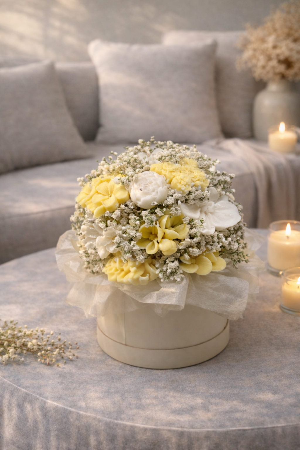 Kerzenblumenstrauß " Lemon " aus Rapswachs, Blumenkerze Gelb Weiß Flowerbox Floma Candle & More